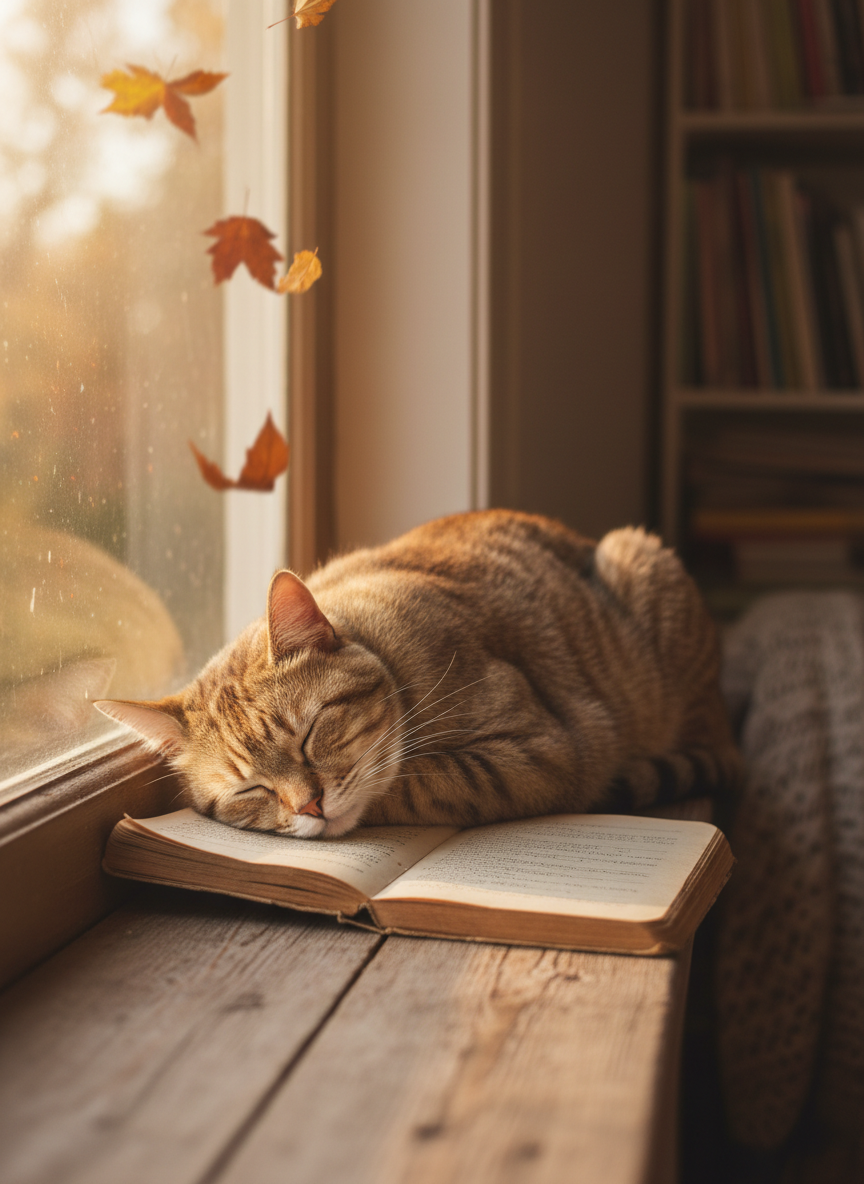 A plump tabby cat with soft, striped fur naps on a low wooden windowsill, curled like a comma, the tip of its tail just touching a worn paperback notebook lying open beside it. Outside the window, late afternoon autumn leaves drift past in muted reds and golds. Natural light pours in at a gentle angle, outlining the cat’s whiskers and creating a warm halo on its back, while the room behind falls into a cozy blur. Photographic realism, eye-level composition with shallow depth of field, evoking the quiet, playful mood of a haiku about drowsy fall afternoons and cats.
